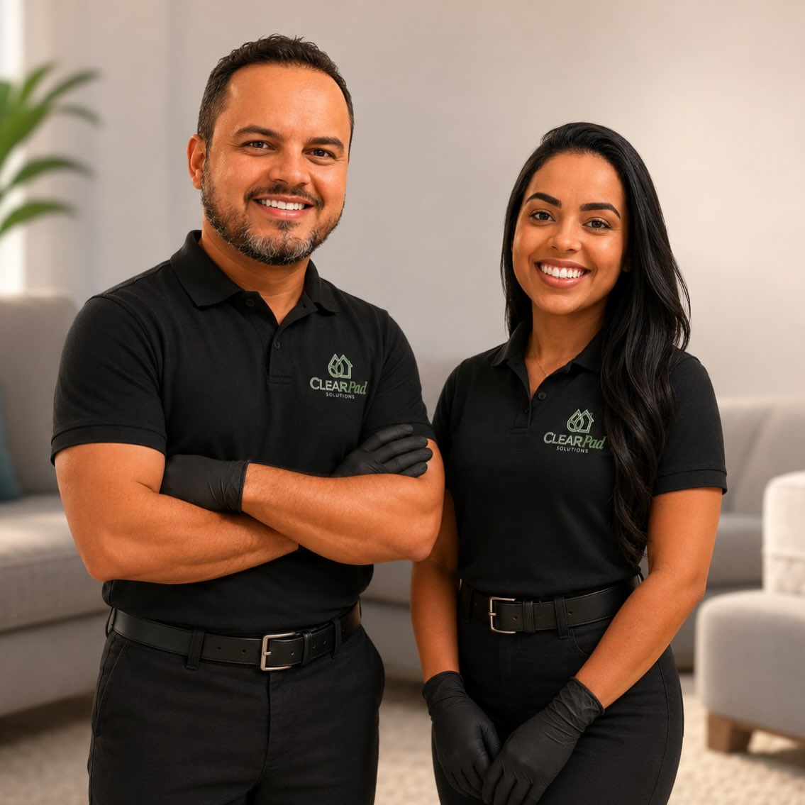Eric and Thainná, owners of ClearPad Solutions, in company uniforms